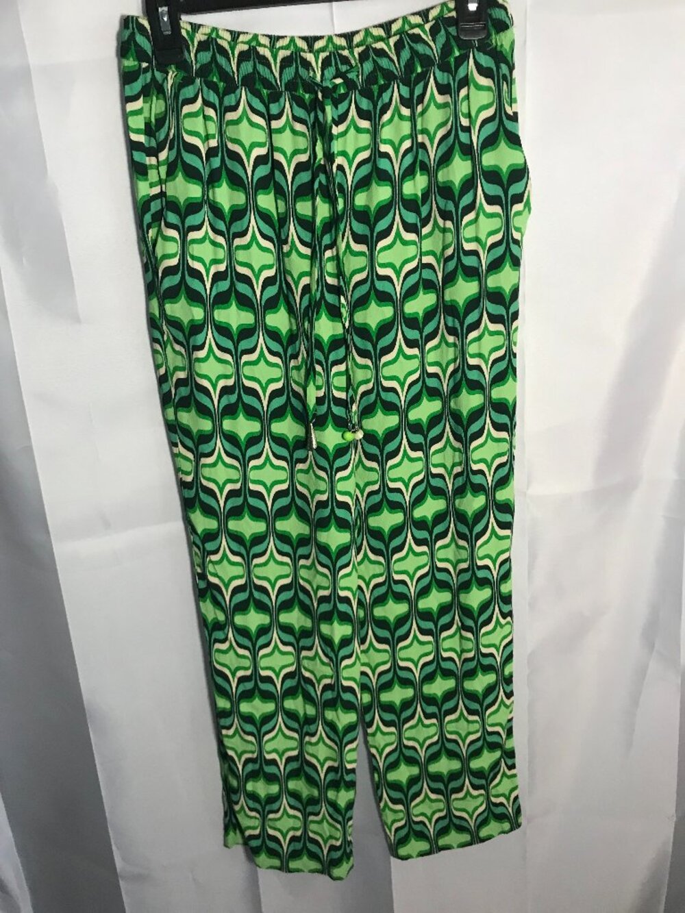 Zara Women’s Green Retro Geometric Print Pull-On Pants Elastic Waist Pockets